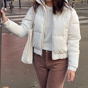 Abercrombie & Fitch Ultra Mini Puffer in Ivory Faux Leather